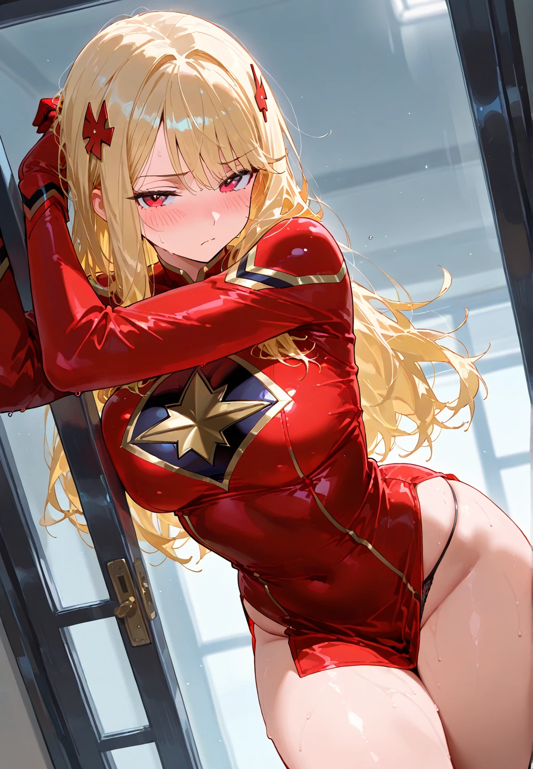 Absurd resolution, high resolution, (masterpiece:1.4), ultra-detailed, 1girl, wide-angle lens distortion, shy, sitting, sexual invite expression, in the transparent room, thighs, hand between legs, about to cum, leg together, cute, one eye closed, heavy breathing, leaning forward, captain marvel, short blonde hair, has vibrator in, long lewd Chinese dress