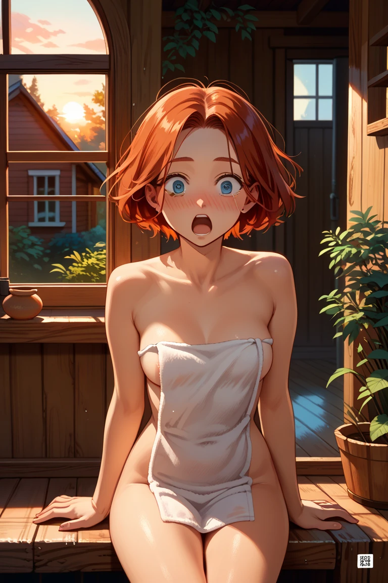 (Masterpiece), Best Quality , ultra-detailed, 1girl (Gwendolyn_Tennyson, breasts, orange hair, short hair, naked body, green eyes, half-closed eyes), a weary face,  smile, parted lips,  solo, nose blush, blush,  facing viewer, looking at viewer, towel, naked towel,  undress, nipples, navel, pussy, wet body, in the  mountain cabin, room, window, night time,  standing, Sexy waist teasing,  undressing, love juice flows out of her,   from_below 