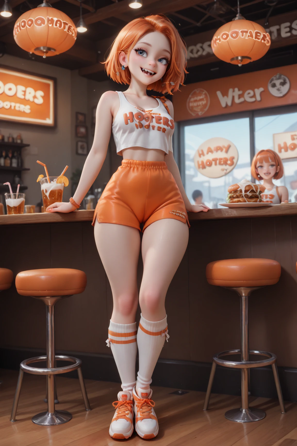 (8k uhd, masterpiece, best quality, high quality, absurdres, ultra-detailed,detailed face,detailed background),perfect lighting, 1girl,(solo:1.2), McGingerMom,orange hair,huge breasts,nipples,bobcut,(black eyes:1.25), white pupils,cowboy shot, indoors,mcdonald's, ,pubic hair,on table,spread legs, spread ,
