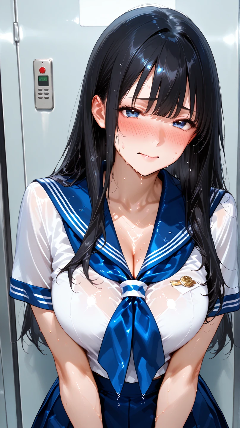 wife,Single ponytail on the side,Dark brown hair,There is a mole under the left eye,((((Large Breasts、Low-cut,Cleavage, Wide hips,)))(Long legs) (Wide hips)),tall and big,Wearing a blue and white sailor suit,Black mini pleated skirt,Room Bed,,女sex生殖器官的形状清晰可见,There are deep lip marks on,Not wearing a bra,Clothes are soaked,Sweat,sex,Desire Dissatisfaction,Sperm outflow,Bare legs,A look of disgust