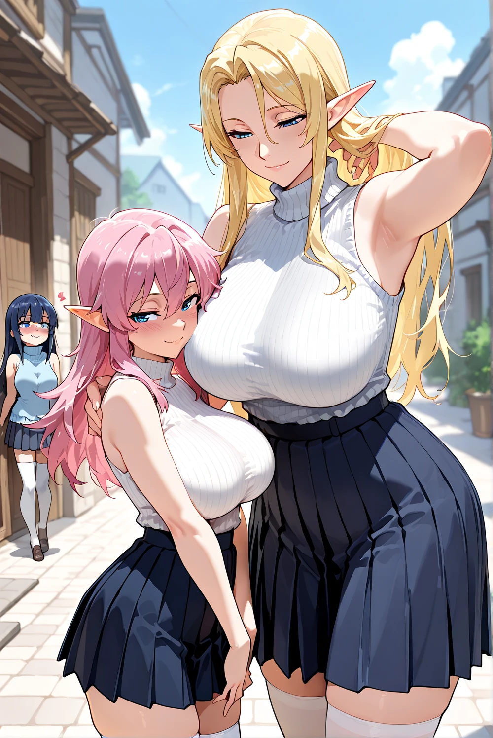 masterpiece, best quality, high quality, beautiful anime character, 2 girls, 2 females, anime girls with pink hair and blonde hair, soft hair, long hair, blue eyes, elf ears, big breasts, mature female, tall female, big girl, thick, (naughty face, light smile, loving eyes), outdoors, (turtleneck sweater, sleeveless, dark blue pleated skirt), white thighhighs, bedroom background, armpits, 2girls,