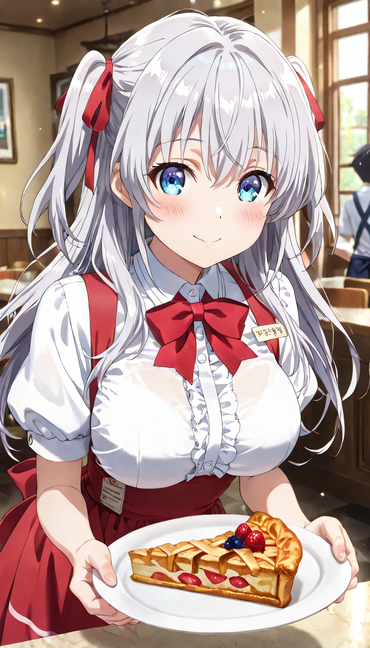 ((ultra-detailed)), (highly detailed CG illustration), (best quality:1.2), ultra-highly detailed, colorful composition, artistic photoshoot, 1girl:1.3, solo focus:1.3, upper body, moe anime character, rounded chin:1.2, short stature, blue eyes:1.3, sagging eyes:1.3, silver hair:1.3, long hair, two side up, hair ribbon with pink, ample breasts, anna miller uniform, red bow tie, impossible shirt:1.4, long sleeves white shirt with frill, anna miller, waitress, high-waist apron, suspender apron, (red apron:1.4), short sleeves, red pleated skirt:1.3, name tag, ample breasts, look of anticipation, gentle smile, blush:1.2, in the anna miller restaurant, holding a plate on the apple pie:1.3, dynamic pose:0.5, contrapposto pose, looking viewer:1.3, best quality, masterpiece, expecting, pink cheek, blush, light pink gloss slip, portrait, depth of field, soft lighting, sidelighting, shine, lighting, caustics, ray tracing, perfect face, lustrous skin, highly detailed face, highly detailed eyes, perfect face, perfect nose, perfect hair, perfect eyes, perfect anatomy, beautiful hair, beautiful small face, extremely detailed face, beautiful detailed eyes, beautiful clavicle, beautiful body, beautiful ample breasts, leavage, breasts squeezed together, equalize the size of the left and right breasts, beautiful fingers, 4 fingers, 1 thumb, lovely, (very detailed background:1.0), (highly detailed background:1.0), summer aesthetic, intricate details, nsfw atmosphere, summer colors palette, chromatic aberration