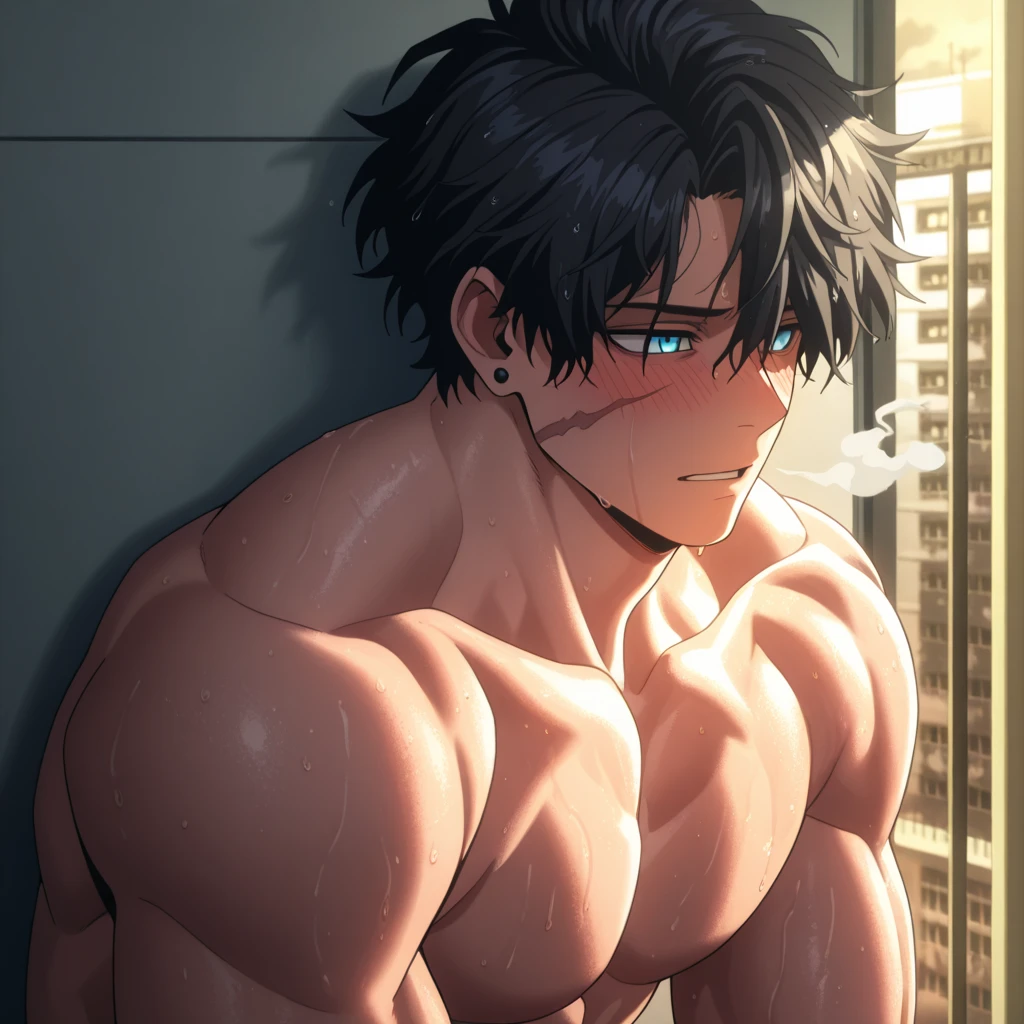 shirtless handsome manly short black hair caucasian male in tattered short jeans and sneakers, falling in line at the counter to get a bus ticket, shirtless, sweating profusely, drenched with sweat, exhausted, panting, inside the bus station, inside the bus station is crowded with people