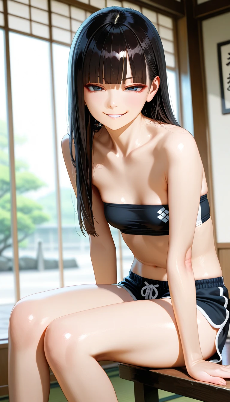 Highest quality、Realistic、girl、12 years old、zoom、Orange eyes、Black Hair、Swimwear、slender、Small breasts、Inappropriate smile、Pool、Bust Shot、