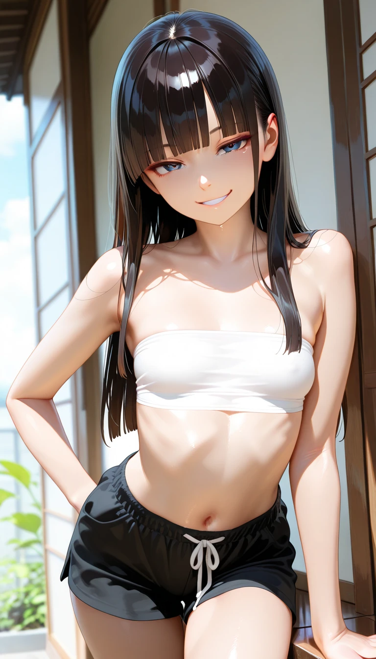 (Perfect Anatomy,Highest quality、超High resolution、High resolution、Extremely detailed CG、8K Unit Wallpaper),Cowboy Shot,Portraiture,1 female,alone,20 year old beauty,Japanese(Beautiful details,Brown eyes),shy,Brown Hair,Long Hair,bangs,Mid-chest,Slender body,skinny,(White panties),bustling street、street,Tokyo、Natural light、White tank top、Full Body Shot、White panties、See-through bra、smile