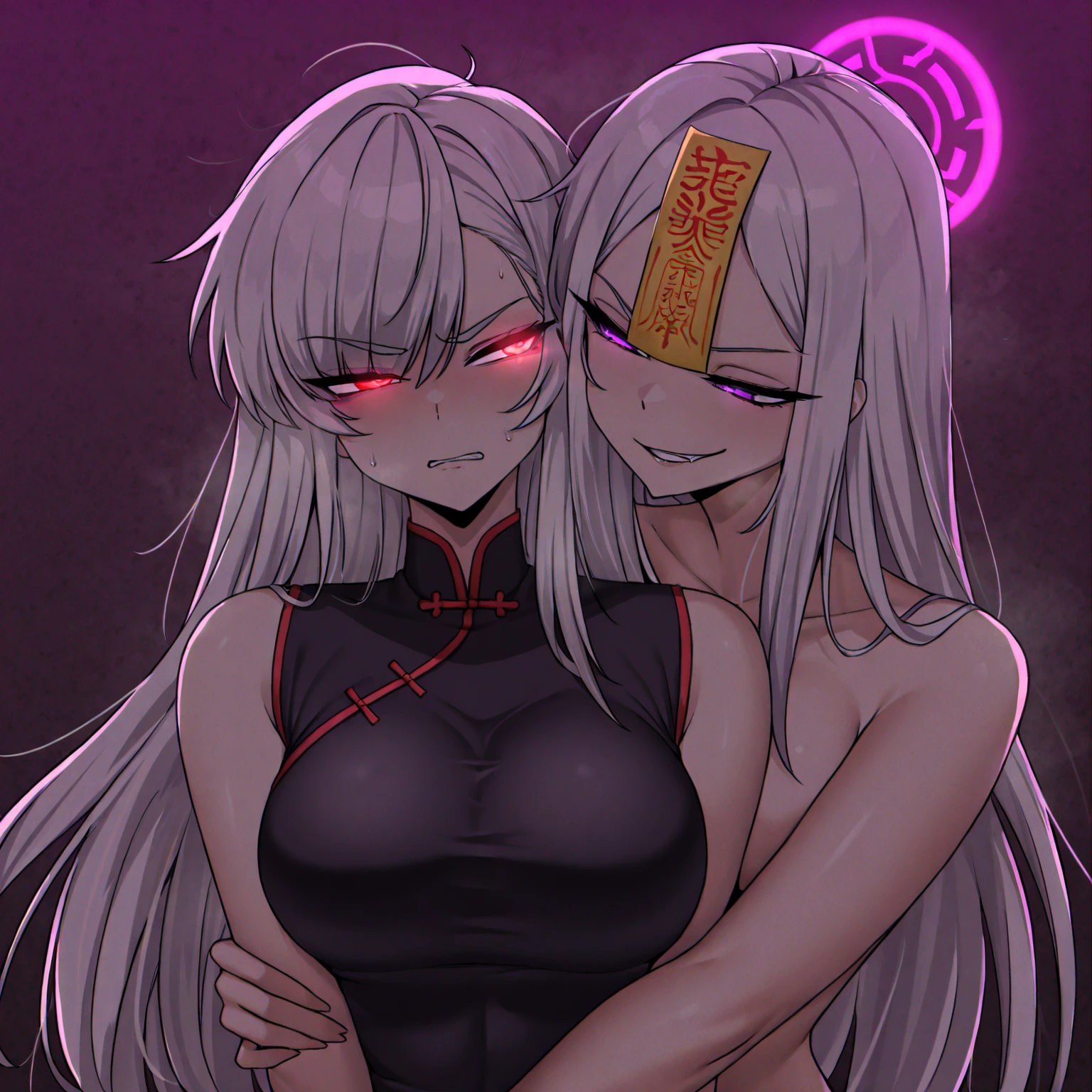 Rivertsukatsuki, River, black hair, (red eyes:1.5), Bun Hair、Extremely large breasts(4700)、 Completely naked、Full nudity、girl with long black hair and long grey hair、Twins hugging、smile