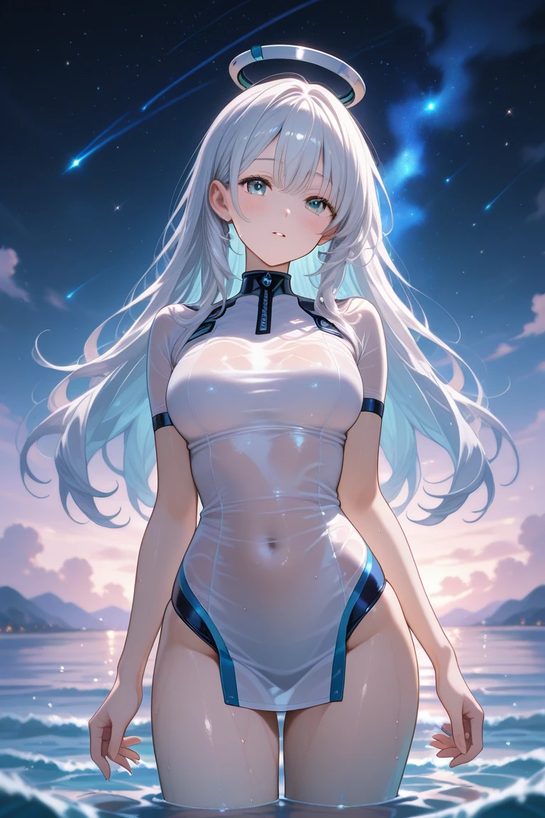 nsfw, completely nude , cumbath, masterpiece, best quality, 1girl, solo, white hair, red eyes, huge breasts, teen, narrow waist, wide hips, toned, hourglass body shape, smug, jacuzzi, terrace, night, sea, wine glass, come hither, looking at viewer, inviting
