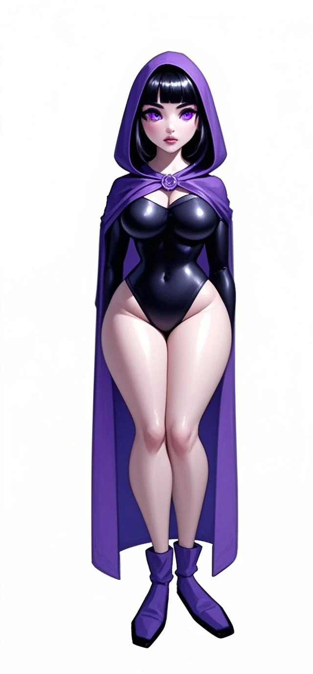(1solofemale full body with knockers covered standing straight symmetrical, hands on hips) (smile purple makeup) grayscale skin, pale golden hair and violet eyes. She prefer clothing of white and silver with cloaks of deep blue or purple, blue or purple background (Masterpiece, highres, 4k, very precise detailed)