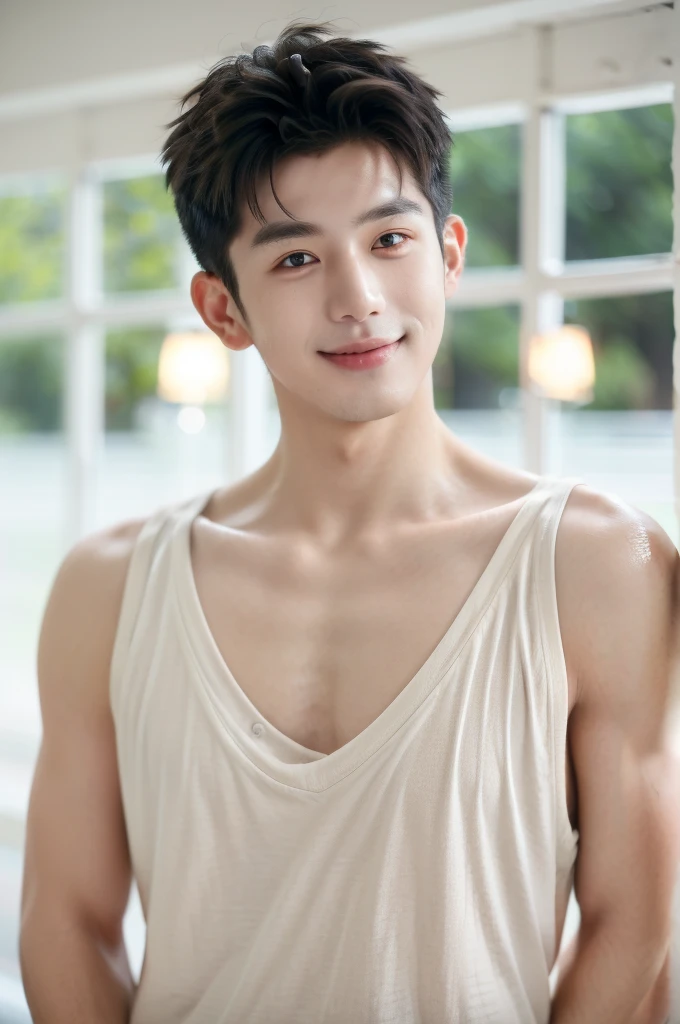 A man with realistic tied brown hair, exactly the same hairstyle, realistic handsome face, realistic cool expression, realistic gray eyes,Realistic six pack body, realistic white towel, realistic light, realistic background Realistic shadows