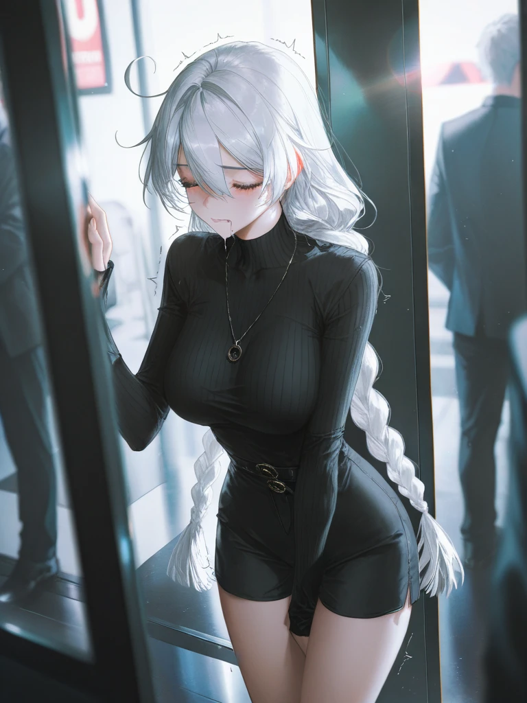 woman,14 years old,,city,night,(((white and blue tight miniskirt bodysuit))),,open mouth smile((See-through))(((glasses))),((beautiful long ponytail)),(()),blush、surprised face,(((turn around and look back))),((blonde))(((On the way to changing clothes)))(((While taking off my clothes)))