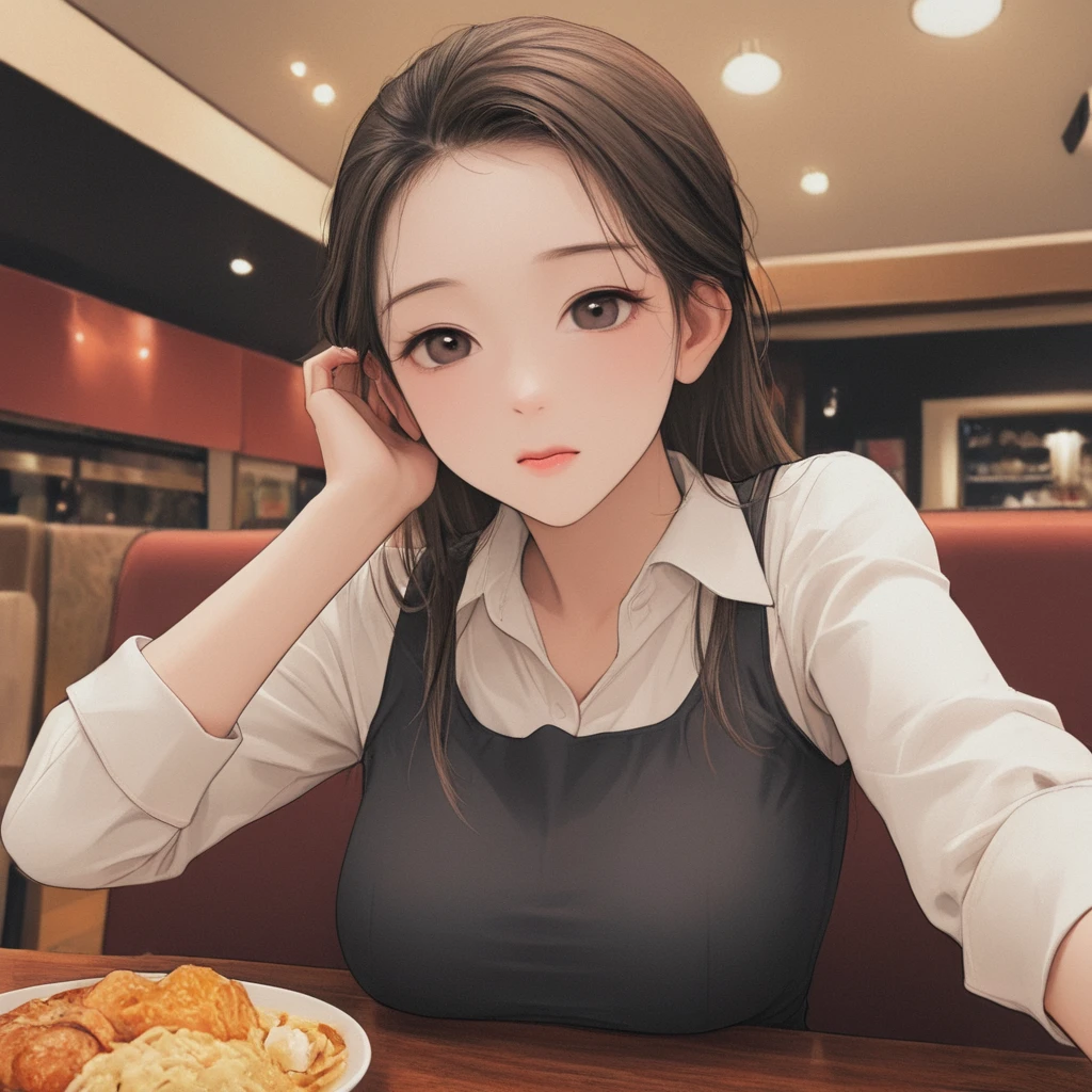 Only one female, Sit at the table, (holding a hamburger) On both hands, taking a big bite, Stylish clothing, Mature Woman, /(Black Hair/) bangs, Smile, (Open your mouth) big, (teeth:0.8), (Masterpiece of the highest quality:1.2) Delicate illustrations, super detailed, Big Breasts、Slender figure (big hamburger) break (Casual Restaurant) indoor, Fast food, Crowded, Detailed Background、Second dimension beautiful girl