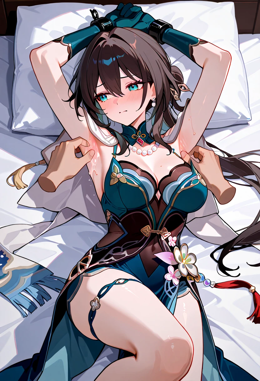 RUANMEI,Bangs,Long hair,skirt,Gloves,Hair between the eyes,Jewelry,Hair accessories,blue eyes,Black Hair,flower,black Gloves,blue skirt,indoors,bedroom,on the bed,A faint smile, 1 Girl,
,  (masterpiece,best quality:1.2),absurd，whole body,Long legs,pretty feet，Bare legs,sexy,spread the legs,tall