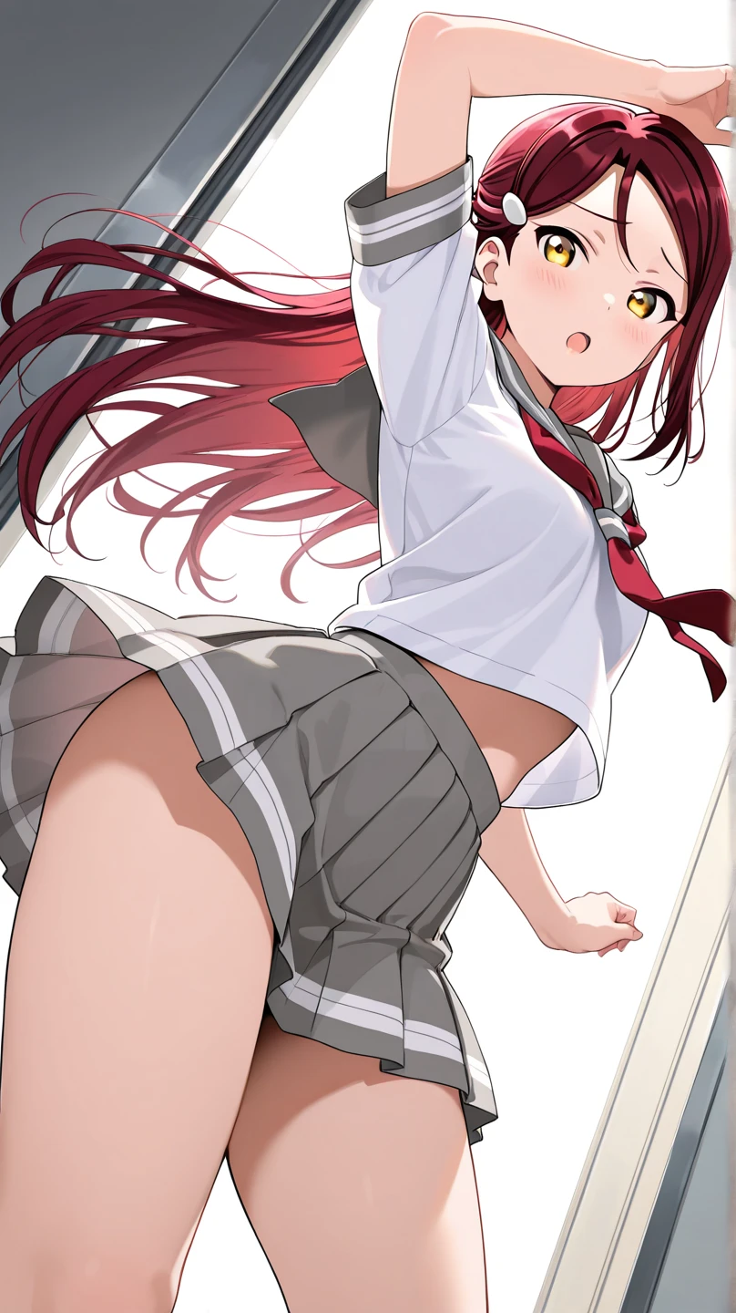 Without skirt、The skirt is flipped up、Without skirt、White underwear、In underwear、Panties in full view、White panties、 1, 1girl, asahina mikuru, long hair, kita high , solo,  short sleeves, red ribbon, large breasts, cowboy shot, waving, outdoors, Underwear in full view、From the back