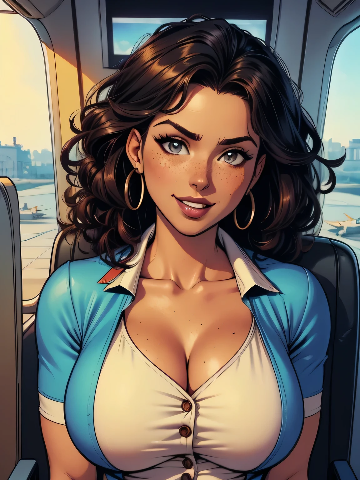 (high-ponytail Hairstyle, wavy hair, dark brown hair), (While wearing cabin-attendant's uniform:1.2), (wear a Sheer-hood:1.3), (innocent and classy girl), medium large breasts, (in an airplane cockpit), (embarrassed smile:1.2), ((Fulll body Shot:1.2)), (Sexy Selfie pose on Instagram:1.2), (top quality, 8K, masterpiece: 1.3), RAW photo, realistic, photorealistic, waist constriction, beautiful legs, accurate, anatomically correct, Very Detailed Face and Skin Texture, Detailed Eyes, Double Eyelids, natural Cheeks, wet eyes, shiny little neckless and earrings, Glossy Lips:1.4, waist constriction, beautiful legs, healthy skin,