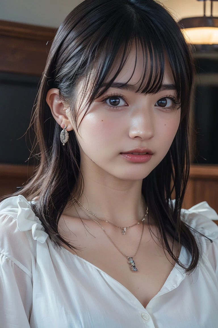 (Highest quality:1.4),(masterpiece:1.4),(Realistic:1.4),(Realistic:1.2),(超High resolution, RAW Photos:1.4),(High resolution, Ultra-detailed:1.2),(8k:1.2),View your viewers,Cinematic photography,One girl,skeletally correct,Black-haired woman,Woman in her early 20s,(Small earrings,necklace,Light blue summer knit with bare shoulders),(Western-style building interior,Dimly lit room,The lamplight shines on my cheeks)