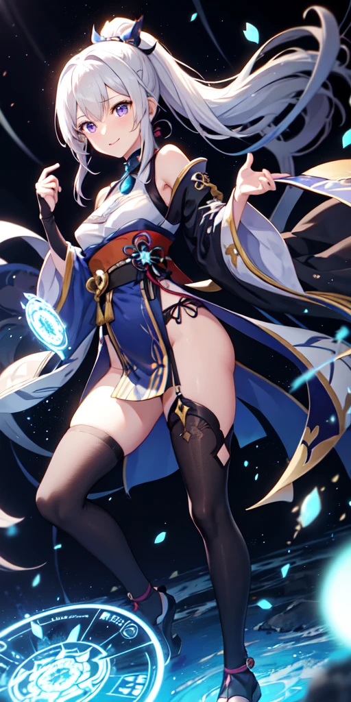 (masterpiece, best quality, ultra-detailed, best shadow), (detailed background,dark fantasy), (beautiful detailed face), high contrast, (best illumination, an extremely delicate and beautiful), ((cinematic light)), colorful, hyper detail, dramatic light, intricate details, (1 girl, solo,black hair, sharp face,low twintails,red eyes, hair between eyes,dynamic angle), blood splatter, swirling black light around the character, depth of field,black light particles,(broken glass),magic circle,
Name: Silver Moon
Occupation: Ninja
Gender: Female
Age: 20 years old
Height: 165cm
Body type: Slender, well-proportioned
Hairstyle: Long straight black hair, slightly flipped outwards, with a silver white headpiece
Eyes: Deep and mysterious blue eyes, wearing a pair of black-framed glasses
Clothing: Black tight suit, with white cloak and silver shoulder pads, black arm guards and hand guards on the arms, red ribbon tied around the waist, wearing leather boots with hidden iron claws on the soles, and a silver leg ring on the left leg
Weapon: Two silver ninja swords, with moon patterns carved on the blade
Personality: Steady, calm, finishing tasks cleanly, occasionally showing a playful smile
Pose: Standing pose stretching and yawning, both hands stretched above the head, body slightly bent to the left, right leg slightly bent, left leg behind the body, slightly raised
Image requirements: High-resolution image