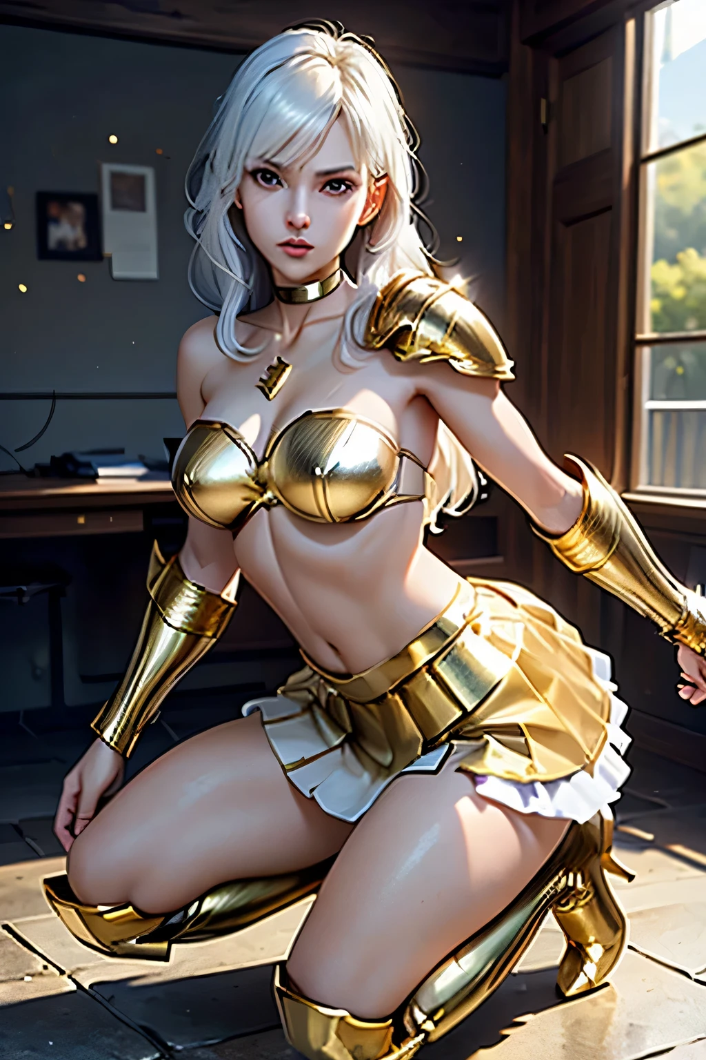 (完全な:1.8)、、(をさらけ出す:1.8)、 bound_to_desk, shoulders spreading, on back, bended elbows, wrists to desk legs, spread legs,(((masterpiece))), ((comics, anime)), (3DCG), asou yuuko,  armor, highest quality, high resolution, 8K, ultra-realism, super detailed and realistic skin texture, ultra-detailed, perfect , perfect lightning, realistic shadows, beautiful illustrations, Realistic skin, sexyposture, (((Adult body))), ((combat posture)), is showing the whole body, body orientation,combat posture, girl holds a sword in front of her body, Desperate look, strong, long blonde hair,  your animosity , clenching teeth, Attack posture, swordup, looking at viewer, cowboyshot, BREAK 1 girl, 18 yo, DOA kasumi, madoka, Elegant mature woman, Fine skin, real looking skin, Height:158cm, body weight:42㎏, :82cm, waist:58cm, hip:80cm, Ultra-fine facial texture, Realistic beautiful face, realistic beautiful eyes, very detailed eyes, beautiful fingers, Beautiful detailed eyes, BREAK ((flat )), ((slender body)), (((Thin thighs))), narrow waist, (((perky ))), Long legs, ((small head)), BREAK armor knight, (((bikini-type gold metal breastplate, lift))), intricate decoration, (((crop top))), (((strapless dress))), ((Cleavage)), (((choker))), BREAK (((((Thigh-length gold metal boots, pin heel))))), (((gold metal gauntlet))), ((gold metal shoulder guard)), Metallic Shine, BREAK (((knee length skirt))), ((((white pleated skirt)))), gold metal belt,(((white panties))), ((long fantasylegend sword)), BREAK ((beautiful dark blue hair)), (((Long hair))), ((straight hair)), (silky hair), ((asymmetrical bangs)), ((hair between eyes)), ((46 points oblique bangs)), ((beautiful dark navy eyes)), natural makeup,
