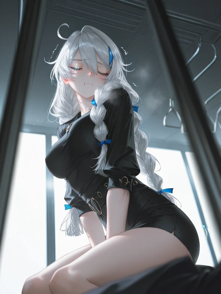 Girl wearing black blouse and blue shorts