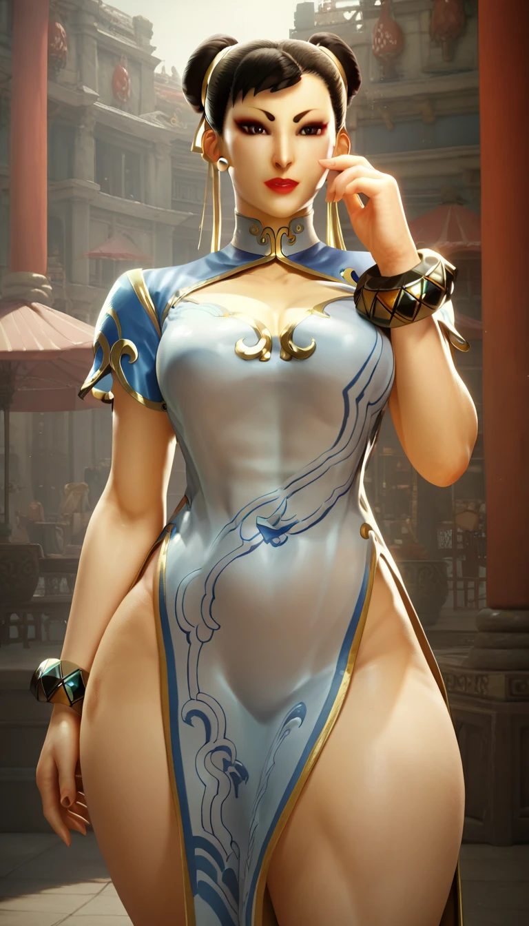masterpiece, top quality, high detailed, detailed face, bright Eyes, outdoor, blurred background, dynamic poses, dynamic angle, (from the front),standing, (small breasts),(pokies),(see through dress),(see through nipples),(Looking forward:1.5), xianglingdef,joyful, laughing, hot and spicy, happy, in a old traditional Chinese restaurant