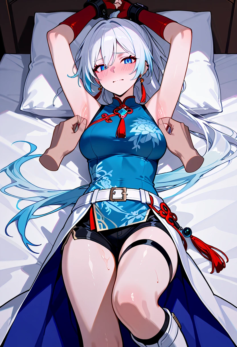 NSFW,tamamo cross \(umamusume\),(Perfect hands),(Perfect Anatomy),(masterpiece),(highest quality),Embarrassed,blush,High-quality lingerie,See-through,Love Hotel,bedroom