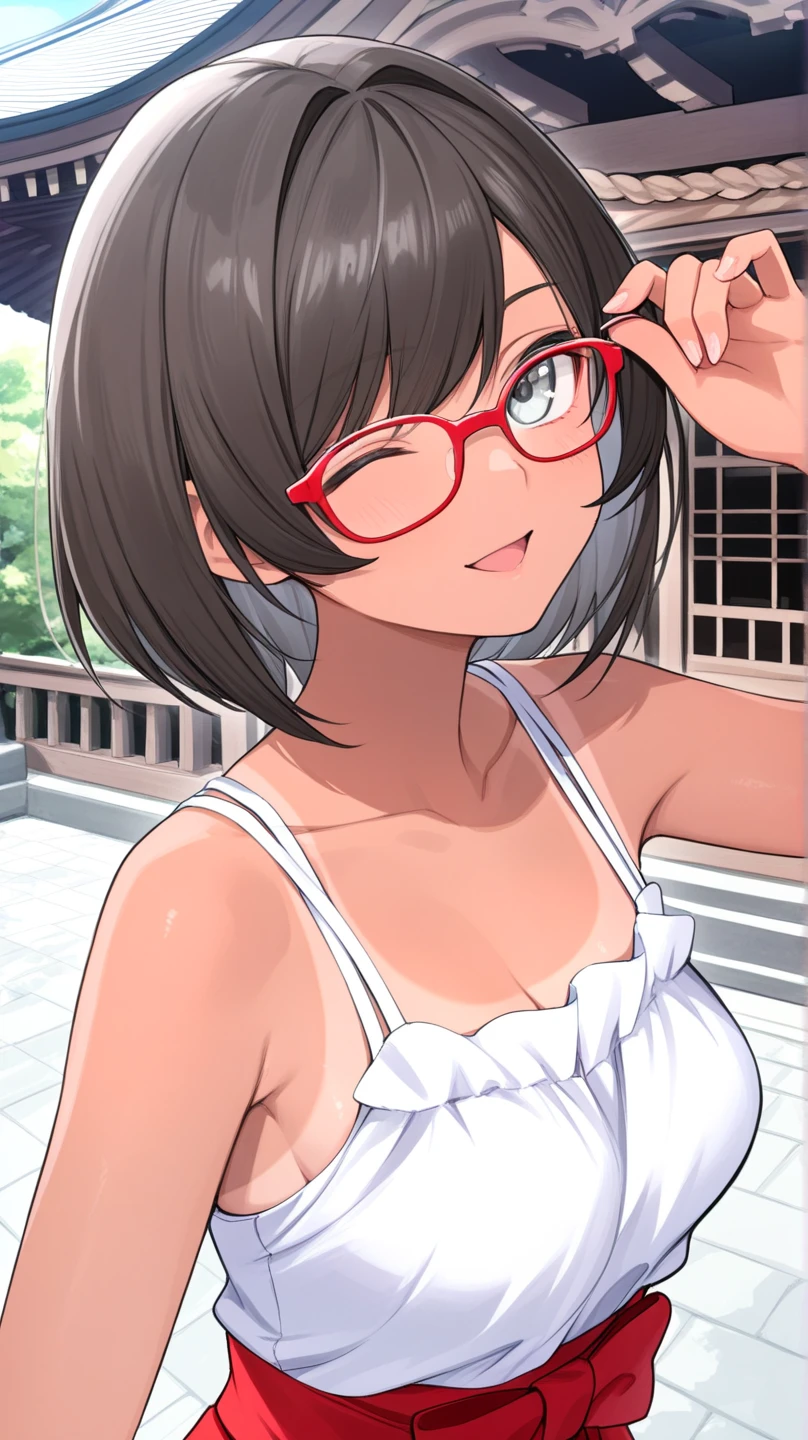 16 years old Completely naked Small breasts Transparent nipples Pale pink nipples Short bob at ear height Even bangs Black Hair Straight Hair Tilt your head Large square black-rimmed glasses Gentle Eyes smile Embarrassed Feverish face Blushing Red nose Blush all over face Outdoor field forest From the thigh up