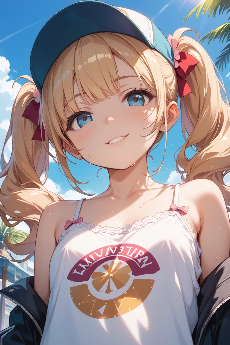 (best quality:1.1), (masterpiece:1.4), 1girl, solo, <lora:YaBoyKongming-Eiko-release-1.0x:0.8>, (medium breasts:1.1), smile, blush, (off-the-shoulder:1.2), (Strapless:1.4), grey jacket, pink hoodie, pink baseball cap, (holding microphone:1.2), beach, day, cloud, sunset,