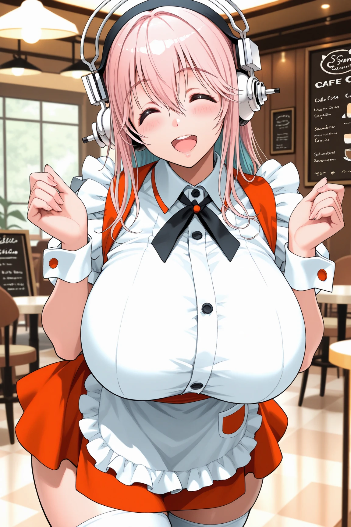 1 girl, alone, Nagano Nino, pink hair, butterfly hair ornament, (naked:1.3), (white apron), big breasts, rift, thigh, Cafe Background, (blushing:1.3)Horny with a dog.Lonely.Bend your butt for dogs to mate.