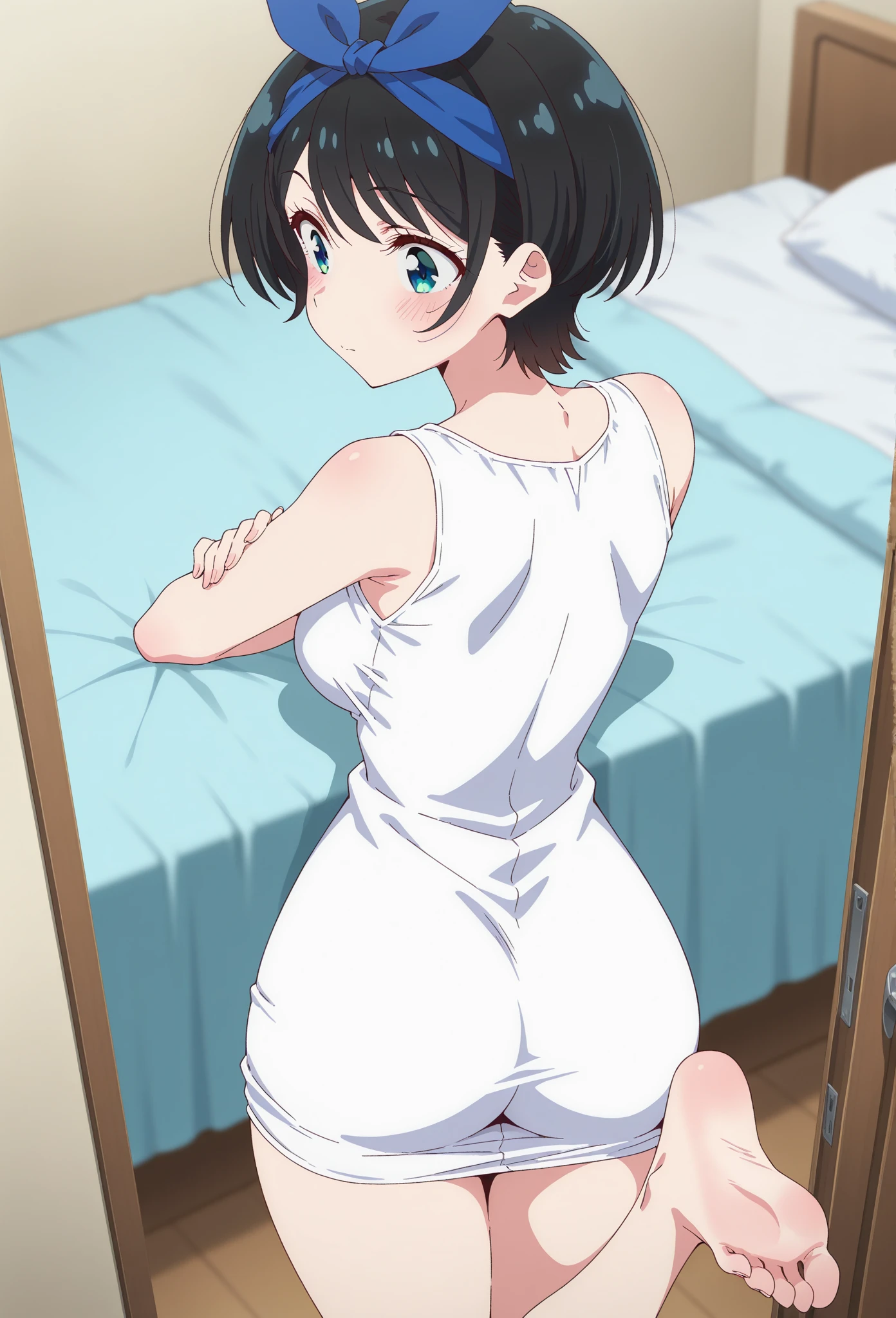 (masterpiece, best quality:1.2), 1girl, solo, hanazuki, black hair, highlights, pink nose, freckles, white crop top, butt, white panties, cute panties, panties close up, butt, backside, facing away, young, , small frame, turned away, bedroom, bright sunlight, warm, blushing, surprised, best shadows, watercolor, cartoon, anime, chibi,