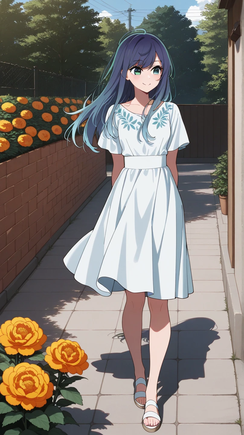 masterpiece, better quality, The newest, small breasts, Kurokawa_AKANE_ilxl, Season2 , atuendobase2, 1girl, blue hair, long hair, blue eyes, participants in the Day of Oaxaca in Mexico dia de muerto, happy, full body, participants in the Day of Oaxaca in Mexico, Day of the Dead background , ((marigold)) clothing printed on Day of the Dead,