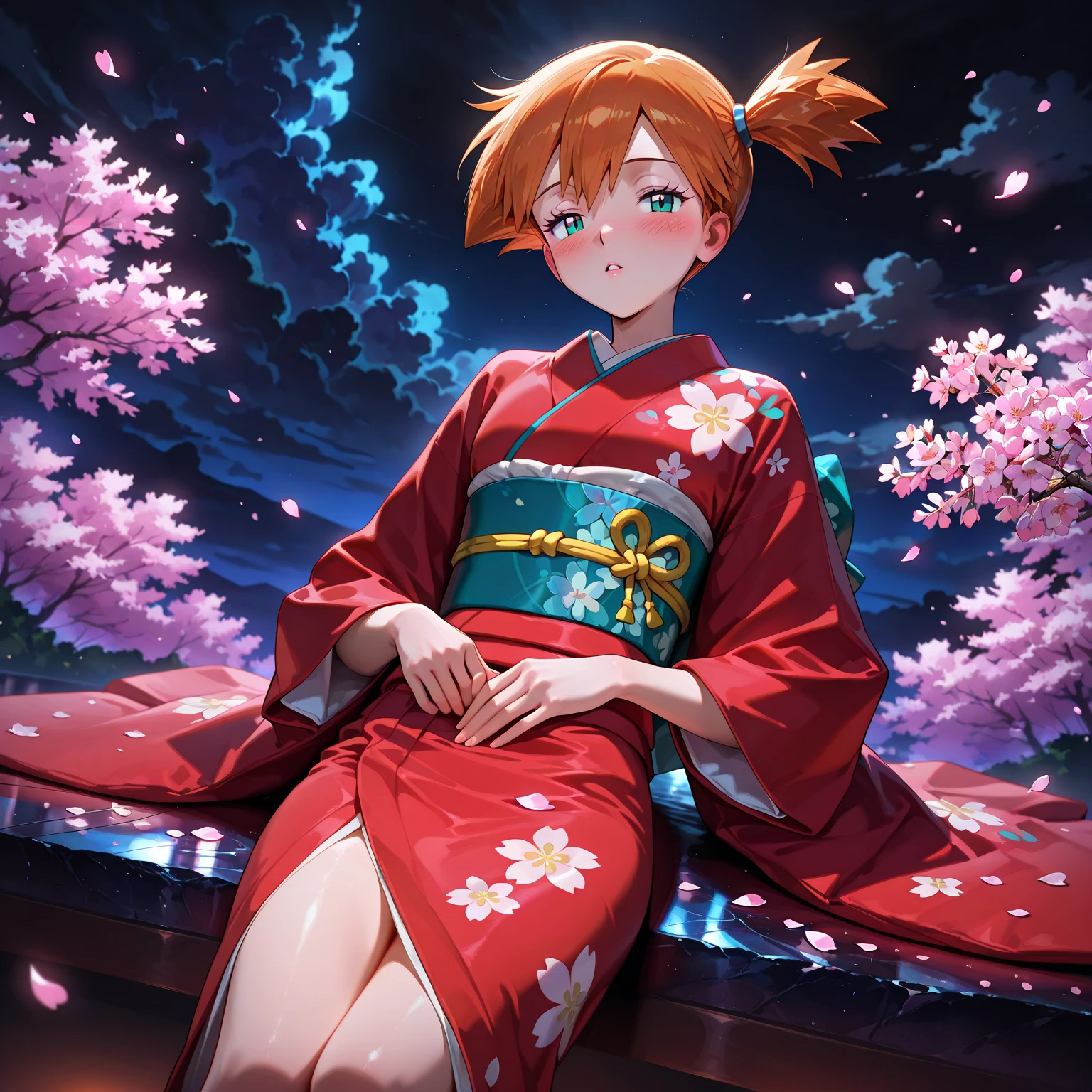 masterpiece, amazing quality, best quality, ultra-detailed, 8K, illustration, clear skin, ultra-detailed-eyes, soft skin, very awa, very as2, soft body, 1990s \(style\), official art, misty \(pokemon\), side ponytail, aqua eyes,  japanese clothes, kimono, obi, sash, floral print, solo, lying, half-closed eyes, on back, petals, parted lips, flower, blush, looking at viewer, cherry blossoms, dim lighting, black sky, clouds, night, volumetric lighting, dynamic lighting, sharp focus, distortion-free, illustration