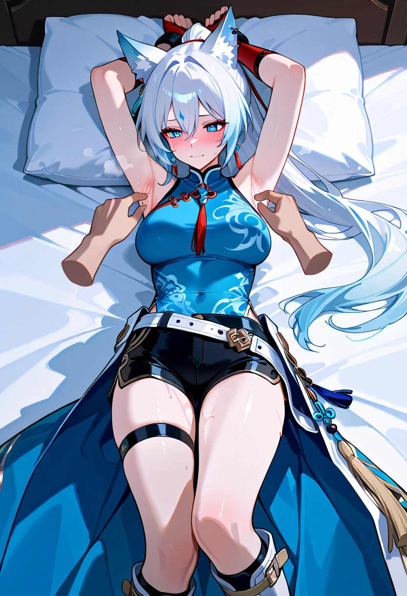 best quality,4k,highres),ultra detailed,realistic:1.37, masterpiece, White hair, long hair, blue eyes, medium breasts, large magical collar, slave, fox girl, thickly furred tail, servant, sexy, cute, confident look, revealing outfit, white and blue dress, above, powerful, dominant, knee length dress. fur lined dress, sitting cross elgged, calm demeanor