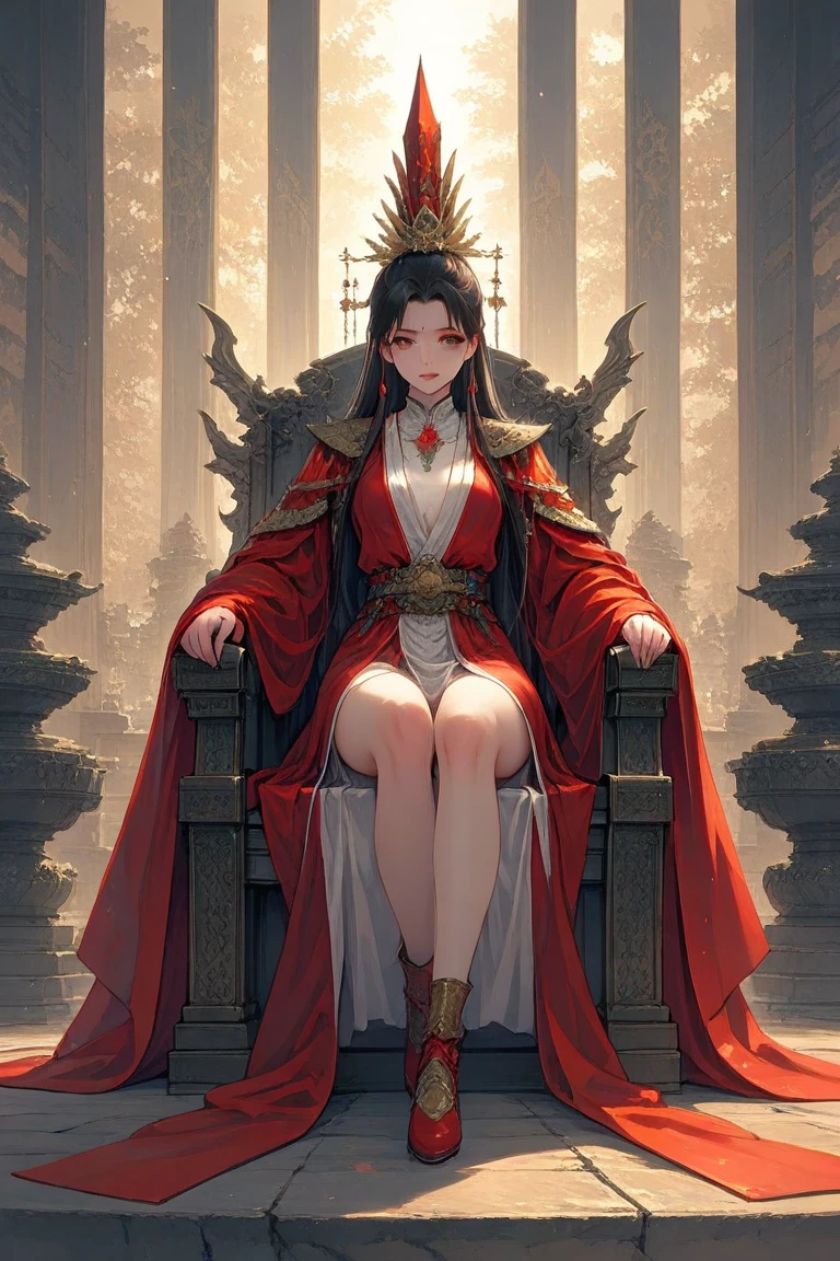 A masterpiece, a vivid kimono, a divine figure, a girl Amaterasu, enshrined and seated in the back of the shrine, facing the front, looking up at a ray of light from below.