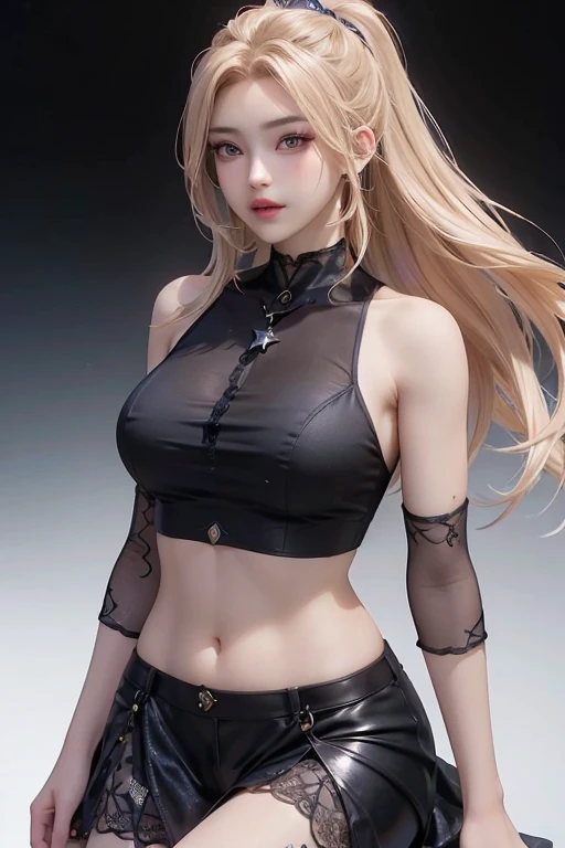 Realistic:1.2, Rocker girl in leather jacket,Slim figure、Large Breasts、 highly Realistic photograph, whole body, NSFW, Spiked clothing, White tank top、Navel exposed、Leather high leg bikini pants、tattoo, Earrings Dark lipstick, blue eyes, Blonde twin tails, Black Ribbon, Beautiful and perfect legs, Confident expression, Punk Style ,Dynamic pose, Dynamic Lighting, Bright colors, Large Breasts, (Adult female body), Tight waist, ((expensive))