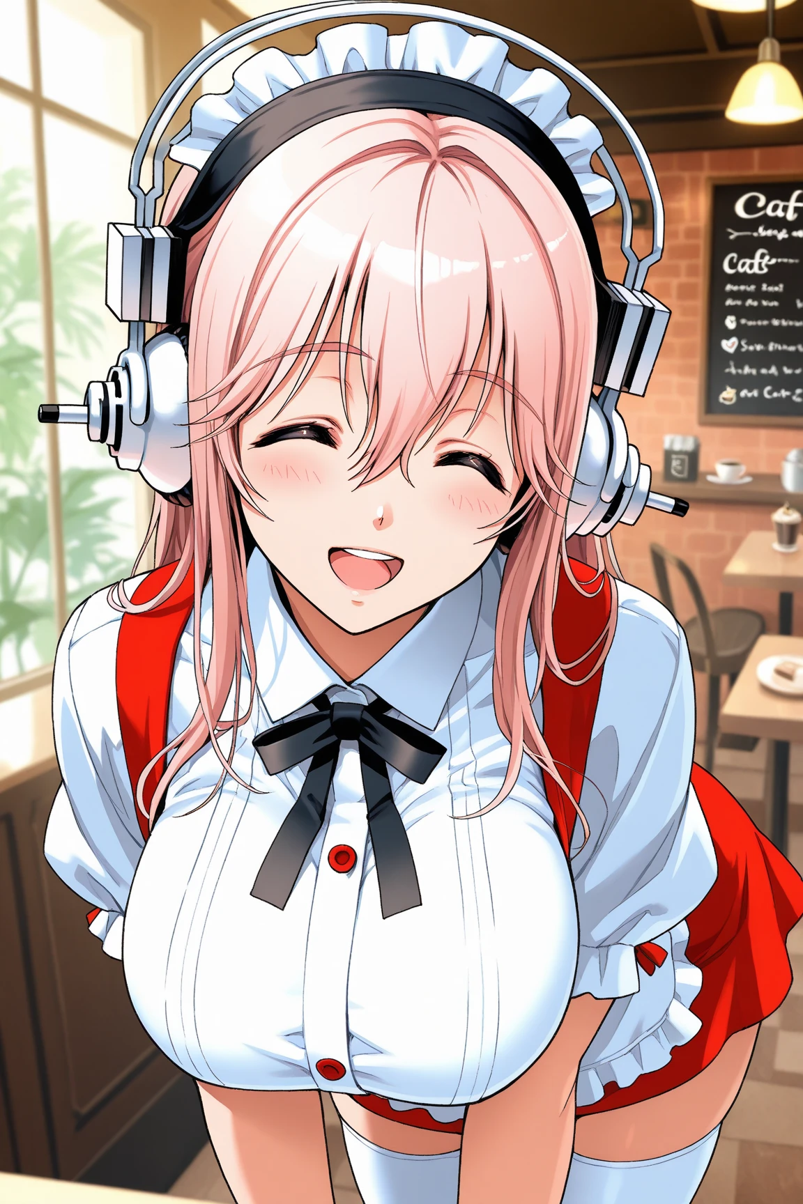 (masterpiece, best quality:1.2), solo, 1girl, megurine luka, smile, looking at viewer, headphones, lukadef, pelvic curtain, black thighhighs