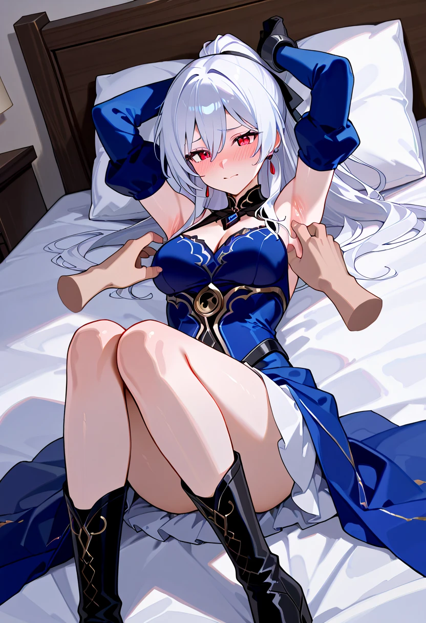 micaiah fe, 1girl, solo, looking at distance, laying, prone, on bed, seductive smile, dress, bare shoulders, ribbon, pantyhose, gloves, belt, blue scarf, sleeveless, gloves, thick thighs, prone, bent legs, white panty, rear view, from behind