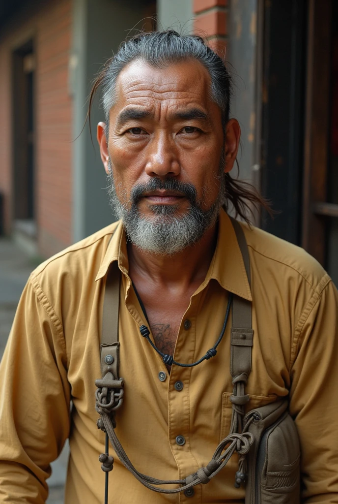 masterpiece portrait photo of a brutal 45 year old native man, wastelander outfit, slim body, city ruins, (high detailed skin:1.2), 8k uhd, dslr, cinemac lighting, high quality, film grain, Fujifilm XT3 <lora:dollface:1>