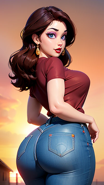 Rear view,  a plastic bimbo walking down tbe street, hips swinging, (epic candid photograph), huge fake ass, massive round asscheeks, wearing booty shorts, crop top, short black hair, brunette, looking back at viewer, skinny waist, toned, long slender legs, slim, huge drooping breasts, (side boob), (highly detaed face, big red lips, bimbo makeup, smokey eyes:1.2), beautiful realistic eyes, eye conact,  