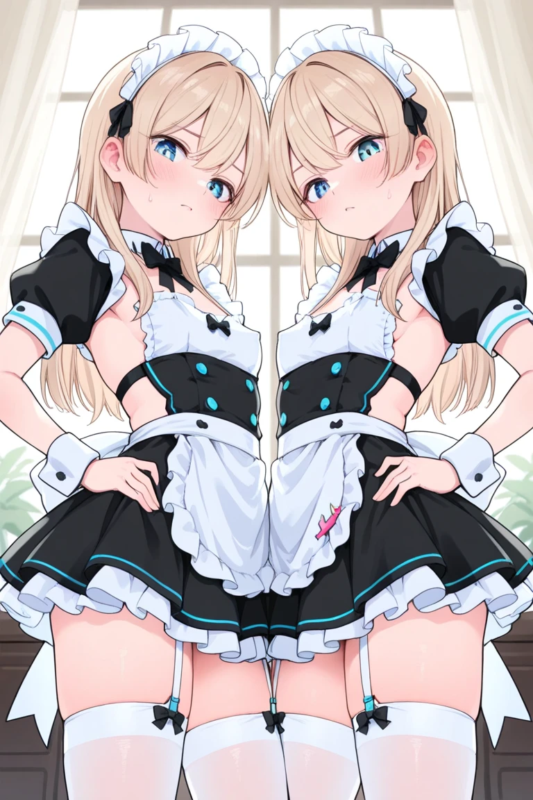 an adult girl, Blonde, blue eyes, two pigtails tied with two white bows, Dragon Ball design style, with a white dress 