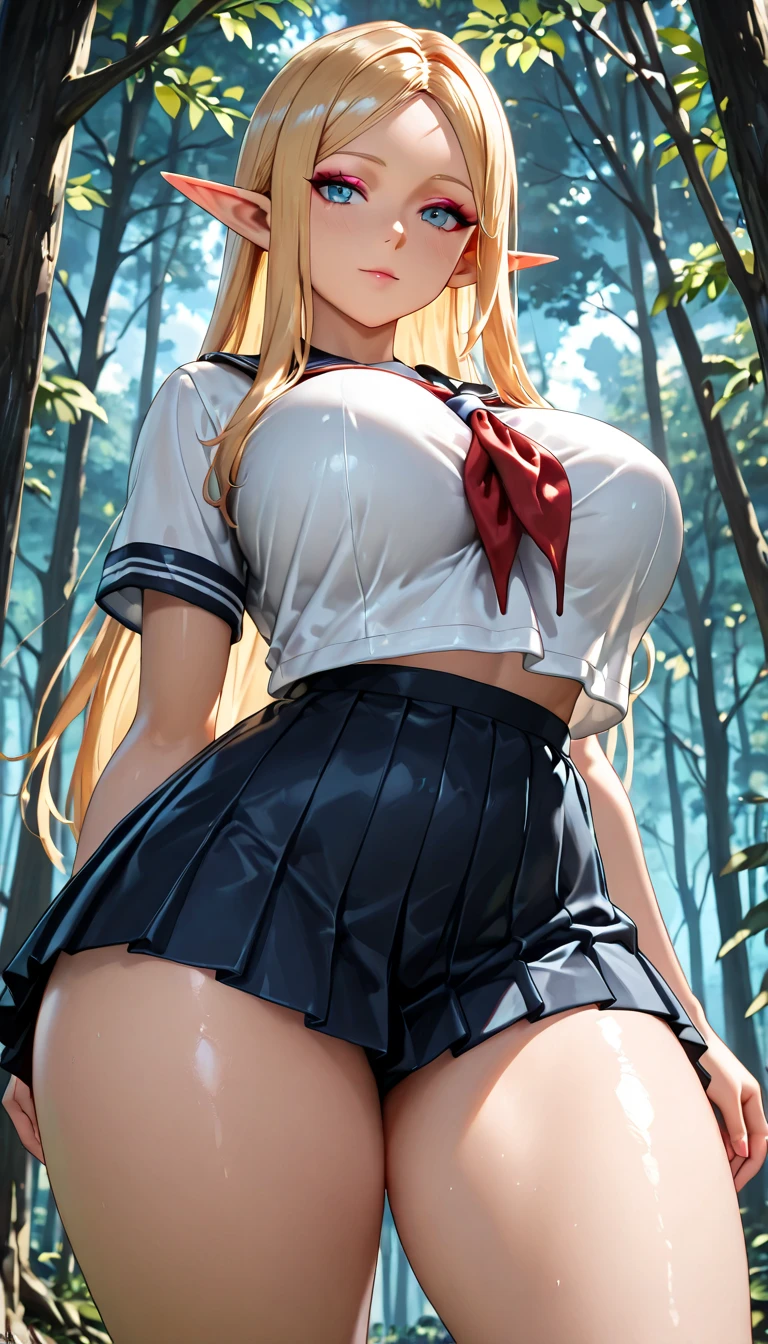 (absurderes、Absolute resolution、incredibly absurdness、hight resolution、ultra-detailliert:1.0、Official art)、master piece, Sharp Focus ,Delicate Beautiful Hair and Eyes and Face, Lifelike, Hyper-detailing, a matural female, Dynamic Hair, slender,pale skin, (Wearing a white long sleeve collard shirt and black pleated skirt), (large full breasts), The chest is covered with a shirt,((areola is sheer)), Beautiful cute woman,Wet in the rain,(Delicate blonde hair),(length hair),Delicate dark blue eyes, Disgusting look, a closed mouth, is crying,(Lying on the grass), grass field, thighs thighs thighs thighs, Sexy legs
