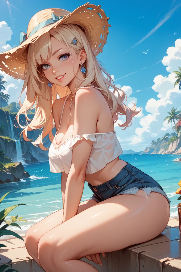 (masterpiece, best quality), hyperrealistic, cinematic, anime girl, (crochet cover-up with a two-piece bikini, the crochet cover-up adds a bohemian vibe, while the bikini underneath keeps it playful and stylish:1.2), ((seaside background:1.4)), 1 girl, ((silver hair:1.)), ((loose and tousled waves hairstyle:1.5)), ((full-body shot:1.3)), head to toe visibility, perfect anatomy, curvaceous body, alluring, long round legs, extra large chest, perfect eyes, perfect hands, (sitting on the sand with legs stretched out:1.2), (leaning back on one hand:1.2), (the other hand can rest on the crocheted cover-up or play with a strand of hair:1.2), (a serene and content smile and slightly parted lips:1.2), capturing a sense of relaxation and appreciation for the seaside setting, extremely detailed Artgem, ig model, artgem, alena aenami and artgem, krenz cushart and artgem, artgem and atey ghailan