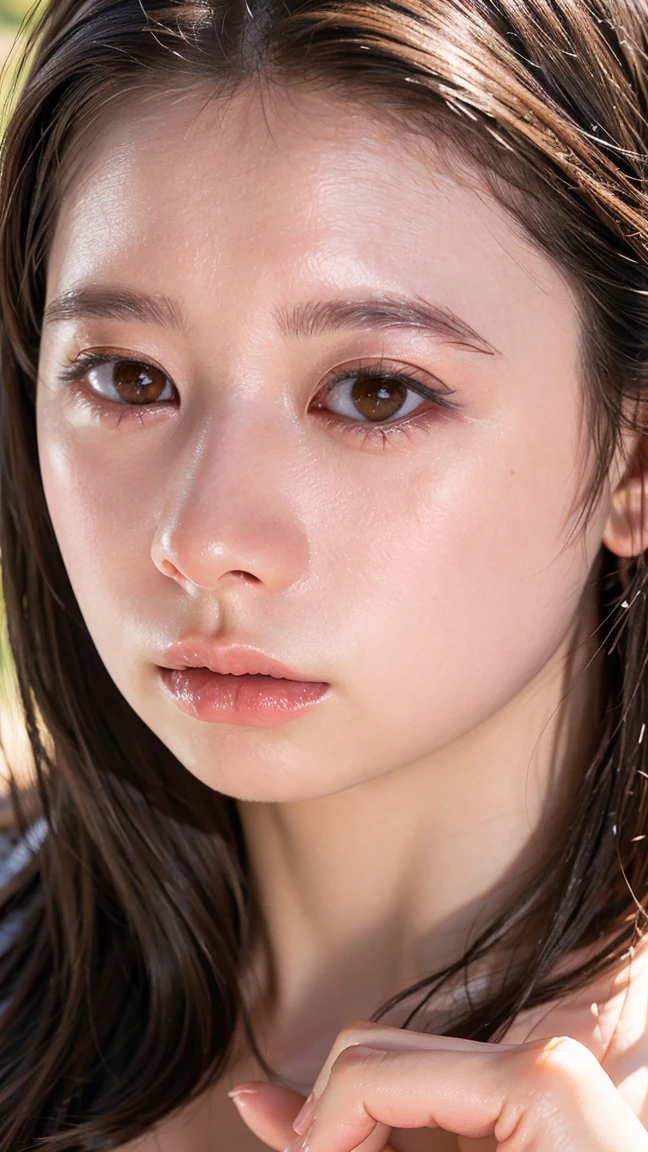 (((Ultra-high resolution、Close-up、Cute Japanese Woman)))、Long, straight black hair frames her face、So that every single hair is clearly visible、Depicts subtle color changes depending on the amount of light hitting the subject、The skin is white and smooth、Has a natural glow、Fine skin texture、Representing the fine details of pores、amountや頬に薄い赤みがある部分を詳細に、The eyes are almond-shaped and dark brown.、Fine details of the iris、Depicts color gradations and patterns、Long, natural-looking eyelashes, each and every one visible、Well-groomed eyebrows、indivual々The hair is clearly visible、Light reflects off into the eyes、Create small highlights、noseは繊細で、nose孔の細かいディテールがある、Lips are plump and naturally pink、Depicts the fine lines and soft curves of the lips、Shiny、Accentuate the shape、Detailed depiction of lip texture、Particular attention to the depiction of light and shadow、Soft natural light gently illuminates the face from the front、amount、nose、Creates a subtle glow on the cheeks、Shadows are cast softly along the contours of the face、cheekbone、Jaw Curve、noseの側面を強調、The gloss of her lips reflects the light faintly.、Emphasizes plump texture、The shadow of the hair adds depth and dimension.、indivual々The hair shines in the light、The background is simple and blurred.、Focus on the face、In the highest quality、Representing the utmost detail