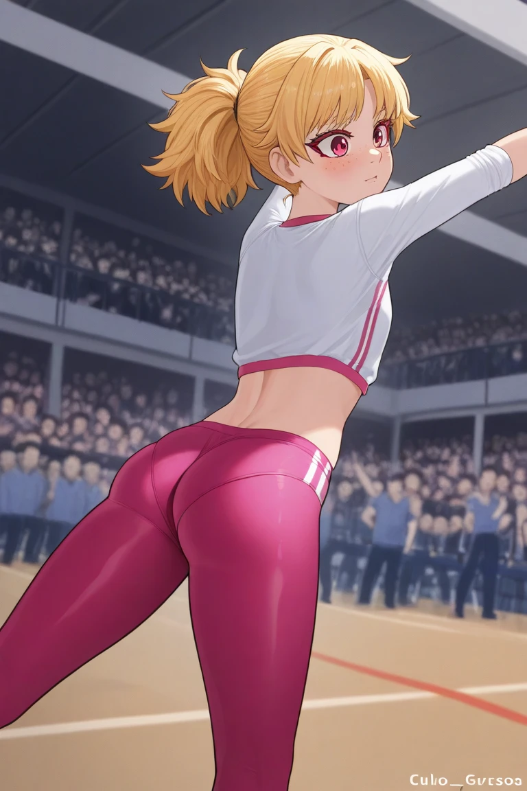 1girl,alone,chisato nishikigi,masterpiece,best quality,high resolution,looking at viewer,detailed,detailed eyes,short hair,dull blonde hair,headband,large breasts,medium waist,wide hips,wide thighs,body curvy, dynamic pose, bare shoulders, sportswear, sports bra, sports shorts, black shorts, crop top, red shirt, zipper, abdomen, red buruma, thighs, smile, open mouth, position, arms behind the back, looking towards back, from behind, focus on ass, pov(from below), standing outdoors, cherry blossoms,