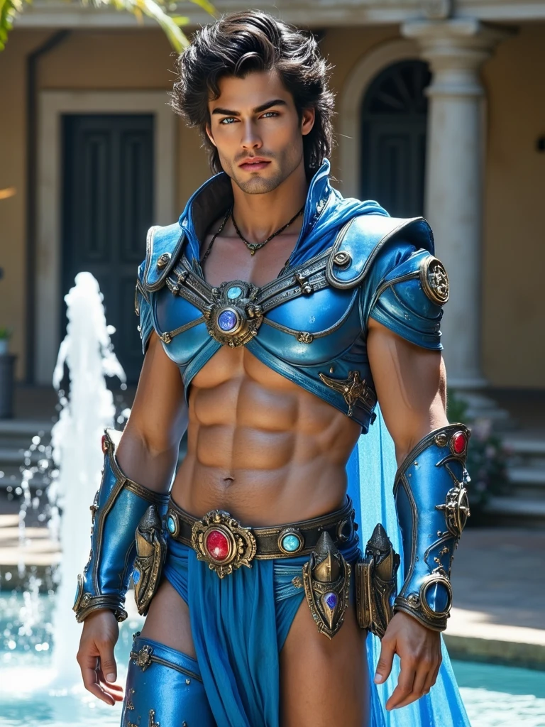 (muscular cute beautiful young boy Arion), huge strong biceps volume, huge chest muscles volume, muscular strong legs, exposed abs skin, tight leather blue trunks and cape, wavy hair, huge cock bulge, mountains background