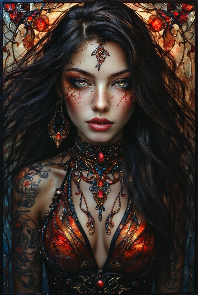 Here’s a detailed prompt to create an image of the "Goddess of Tattoos":
**(Goddess of Tattoos:1.4), (masterpiece:1.4, best quality), (photo realistic:1.4), striking and enigmatic appearance, with an aura of artistry and mystique, adorned with intricate tattoos that cover her body, each design symbolizing different aspects of life, mythology, and nature, (tattoos glowing softly as if imbued with magical energy:1.2), (hair flowing freely with strands intertwined with tattoo ink:1.2), (eyes deep and captivating, reflecting the stories told by her tattoos:1.2), wearing a minimal yet elegant outfit that accentuates her tattooed skin, surrounded by swirling ink patterns and ethereal light, (background of an ancient tattoo studio or a mystical space filled with floating tattoo designs and symbols:1.2), (soft, ambient lighting that highlights the details of her tattoos and her figure:1.2), (graceful and confident pose that emphasizes her role as the master of body art:1.2), rich textures, bold and dynamic colors, (deep blacks:1.2), (rich reds:1.2), (vibrant blues:1.2), (dynamic composition with flowing lines and a sense of creative energy:1.2), high-quality and detailed, (awe-inspiring and artistic atmosphere:1.2), transcendent and powerful, perfect image quality, symbolizing the art of tattoos, personal expression, and the connection between body and soul, captivating and artistic presence**
**Negative Prompt:**
**(Avoid:1.4), (blurry:1.4), (low quality:1.4), (inaccurate anatomy:1.4), (lack of detail:1.4), (flat composition:1.2), (dull or muted colors:1.2), (uninspired or generic background:1.2), (harsh or unnatural lighting:1.2), (stiff or awkward pose:1.2), (disconnected elements:1.2), (overly cluttered or chaotic scene:1.2), (poorly rendered textures:1.2), (monotonous color palette:1.2), (lifeless expression:1.2), (absence of artistic depth or symbolism:1.2), (dull atmosphere:1.2), (inconsistent style:1.2), (washed-out colors:1.2), (generic or unremarkable features: