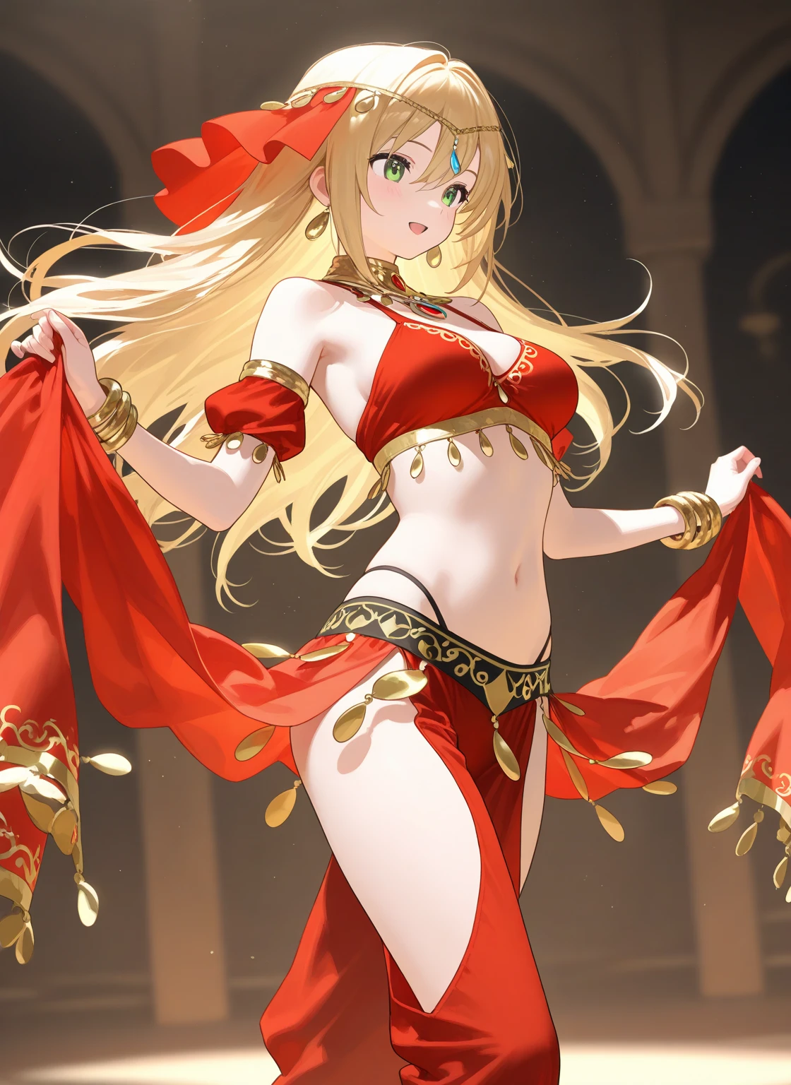 ((best quality)), ((masterpiece)), (detailed), bellydancer ,jewelry, dancing, arabian clothes, colorful clothes, turban/headband, kousaka honoka, curvy body, arms up