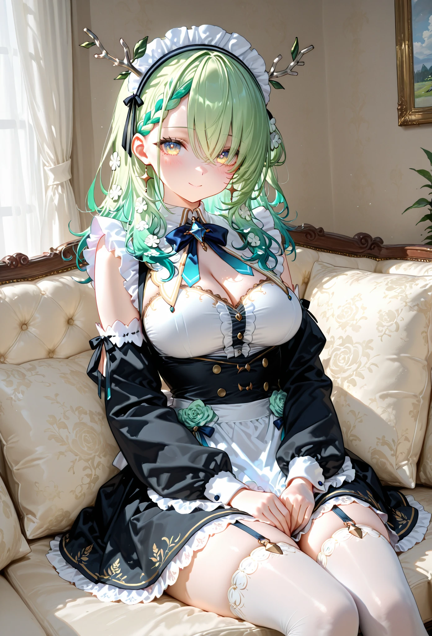 Shropshire, retrofit_(azur_lane), green hair, yellow eyes, long hair, high ponytail, hair ribbon, jabot, black dress, white pantyhose, black skirt, black sleeves, wide sleeves, white shirt, gothic dress, frilled skirt, huge breasts,