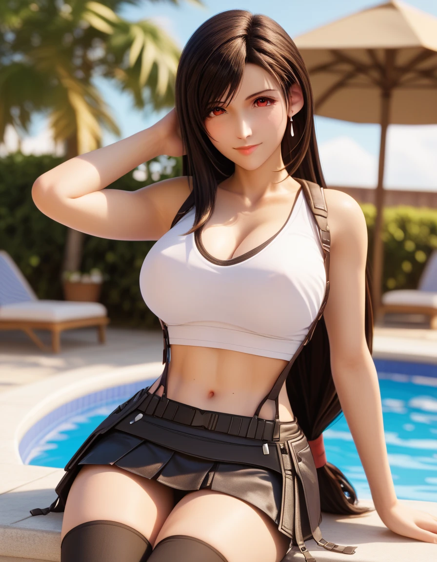 Tifa half naked, whole body, pose sensual, round ass, big breasts and light brown eyes. 8k, Best Quality, masterpiece 1.2