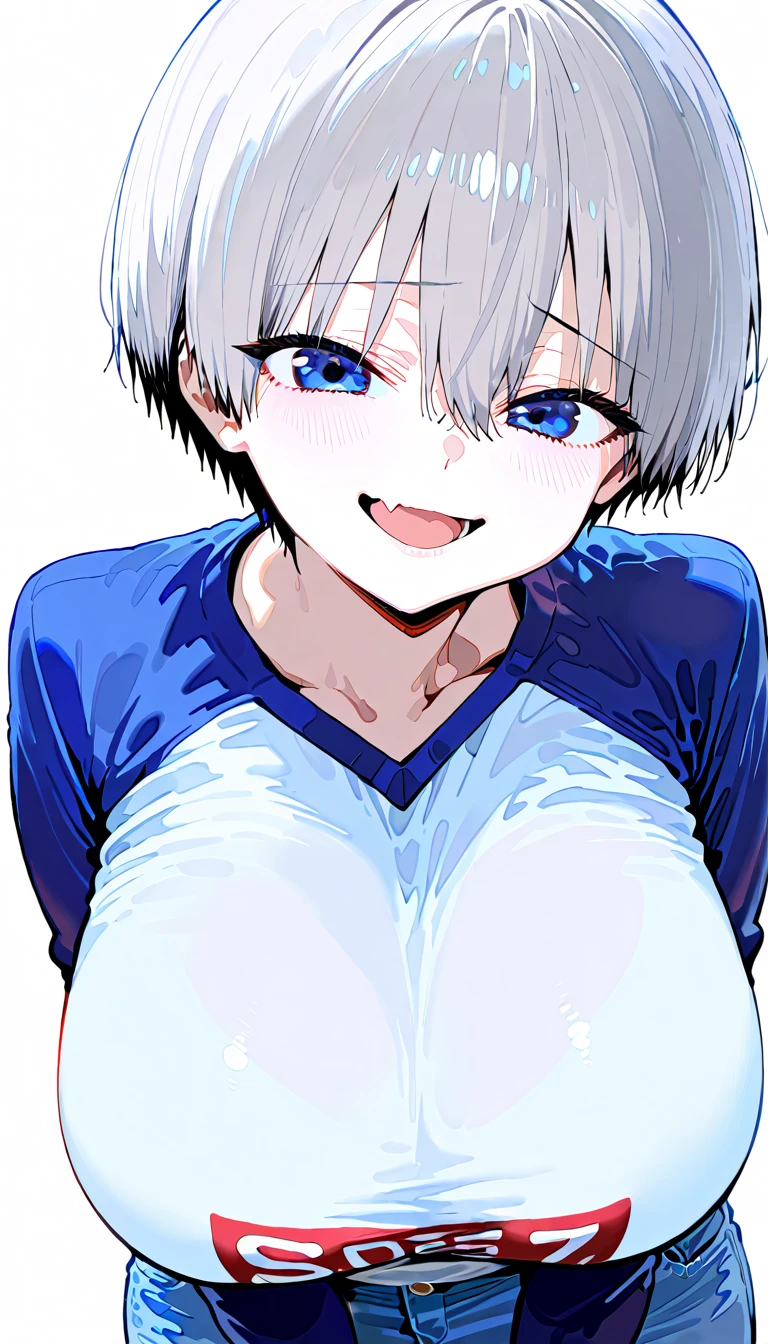 masterpiece, best quality, 1girl, uzaki hana, grey hair, short hair, hair between eyes, bangs, blue eyes, skin fang, black , (bracelet:0.7), naked, , large breasts, lo, open mouth, , pink nipples
, screaming solo, legs open, looking at viewer, , massive breasts , holding her breasts , grabbing breast , squeezing her breast , hearts , blushing , hands on breasts , , pink heart , naked , , blushing , sticky cum on breasts , messy cum on breasts , pussy , steamy , smile , naked , wet pussy , black background, skirt , school girl outfit ,