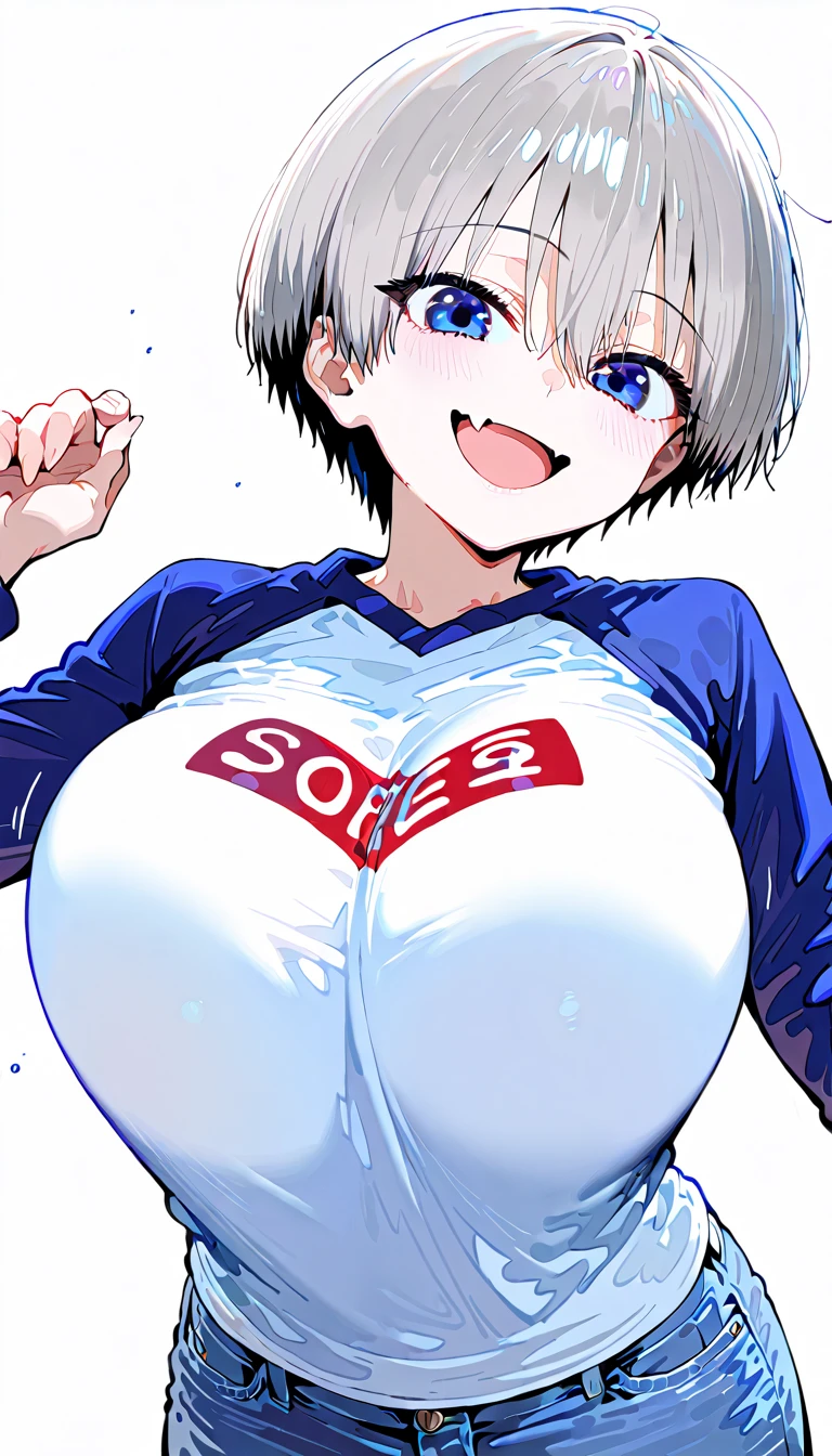 masterpiece,1 girl,solo,(uzakihana:1.1),(smirk:1.3),fangs,(blue skirt,white long sleeve,clothes writing:1.2),beach,(gigantic breasts:1.2) <lora:uzakihana:1>