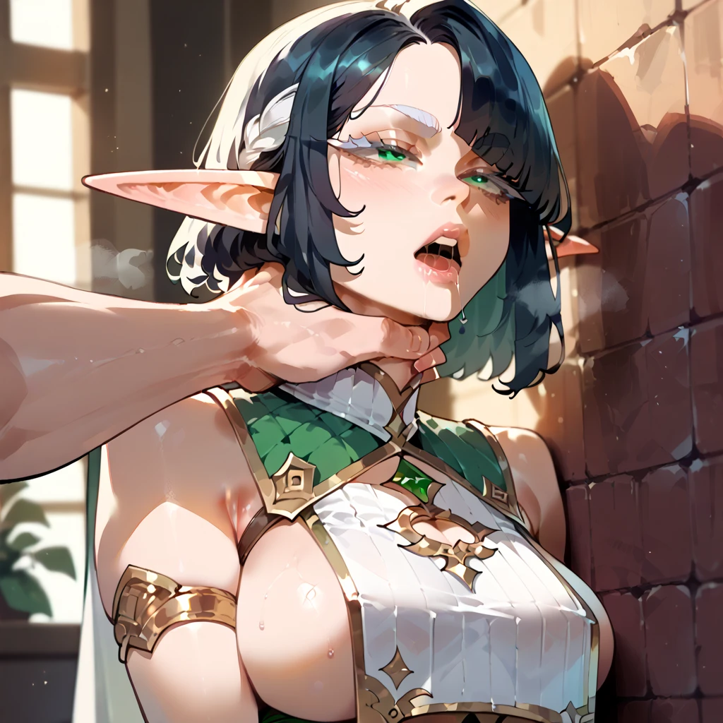 1girl, pov, 1boy, paizuri, penis between the breasts, breasts squeeze together, naughty, , inside of the cave, orc girl, cleavage, , braids, a beautiful naughty lewd orc girl, wet penis, pubic hair, green skin, nipples, , fantasy, motion lines motion effects, tooth fangy